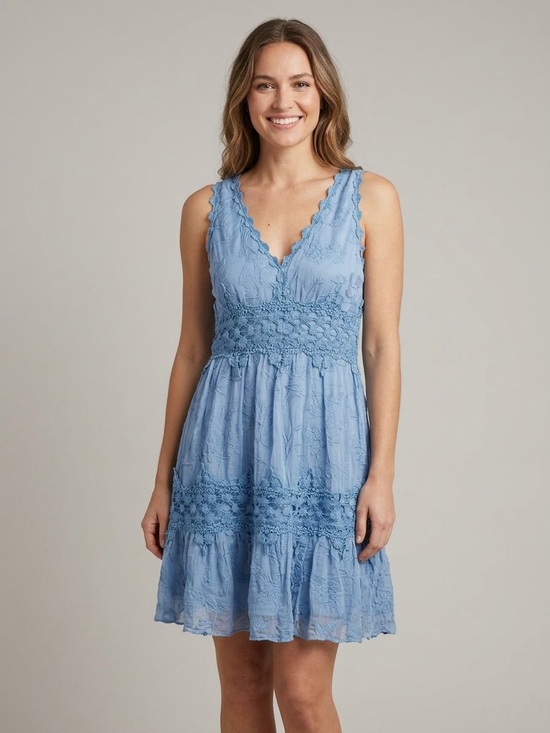 Ranna Gill Dresses & Skirts - Ranna Gill V-Neck Lace-Trim Mini Dress in Light Blue. Size Small